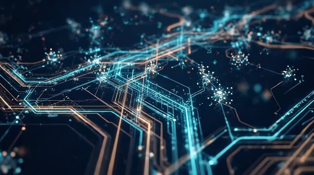 Abstract digital circuit board with glowing data lines