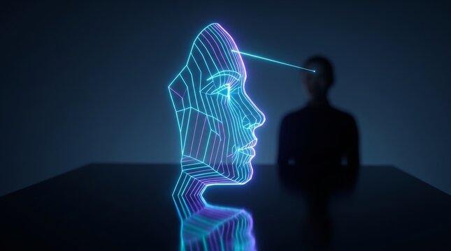Futuristic neon face hologram with silhouette in dark room