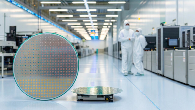 Silicon wafers in high tech cleanroom with workers in protective suits, illustrating semiconductor manufacturing
