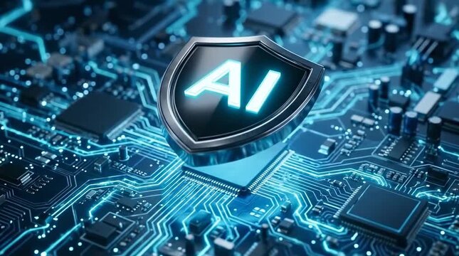 Artificial intelligence security shield activating on circuit board
