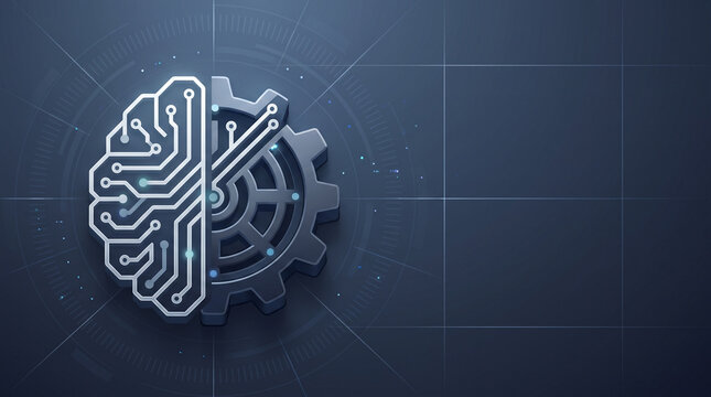 Artificial Intelligence and Machine Learning Concept with Brain Circuit and Gear Symbol on Blue Tech Background