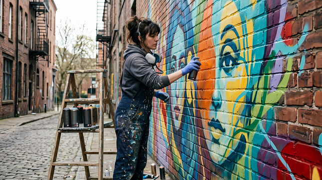 A dedicated female street artist uses aerosol spray cans to paint a vibrant colorful mural on a weathered brick wall in an narrow urban cobblestone alleyway during a productive outdoor working