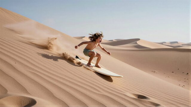 Child surfs down sandy dune, kicking up dust in desert sun.
