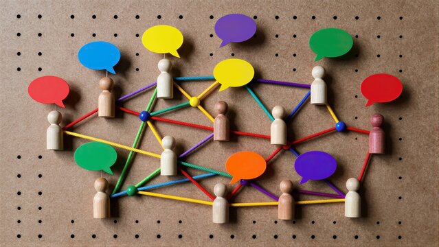 Colorful ropes connect wooden figures with speech bubbles, symbolizing communication networks.
