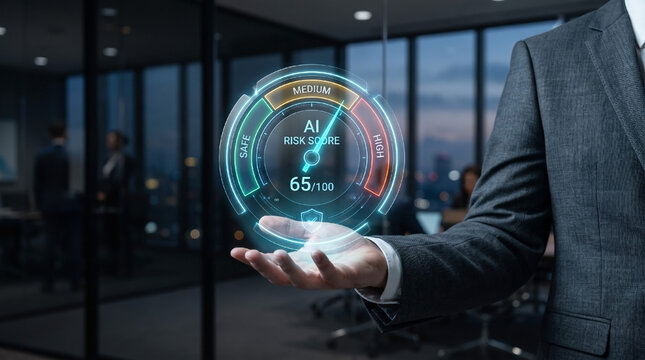 Businessman holding futuristic AI risk score speedometer hologram for artificial intelligence governance and security assessment in corporate office.
