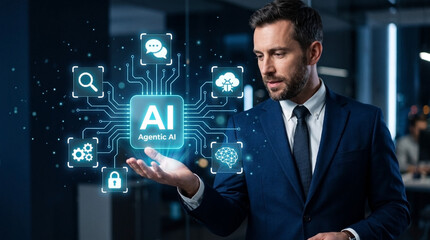 Obraz premium Businessman holding futuristic holographic Agentic AI chip with automation, neural network, and cloud security interface icons in modern office.