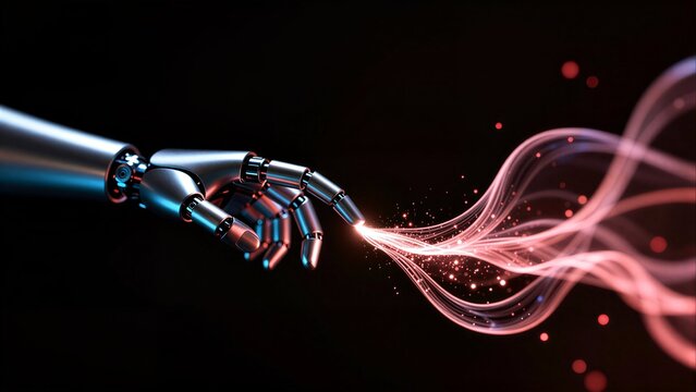 Metal hand reaches out, glowing energy flows between touch and unknown.
