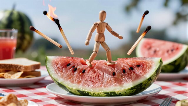 Wooden man stands on watermelon slice, matches ignite around him at picnic table.