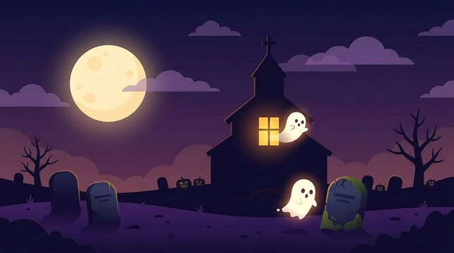 Halloween graveyard with church and ghost under full moon