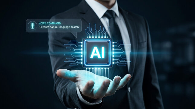 Businessman holding glowing AI chip hologram with voice command interface for natural language processing technology.