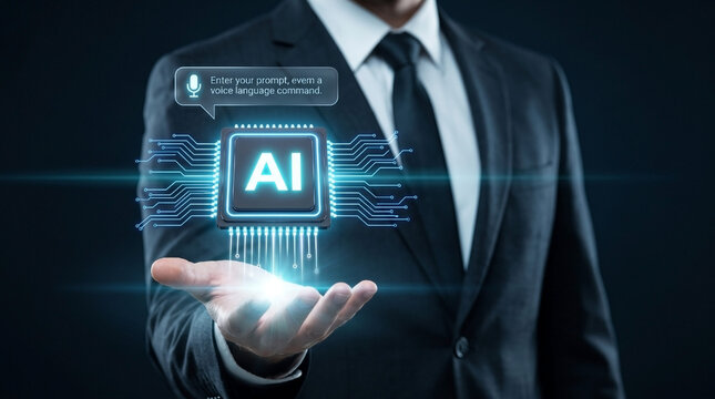 Businessman holding glowing AI chip hologram with voice command interface for natural language processing technology.