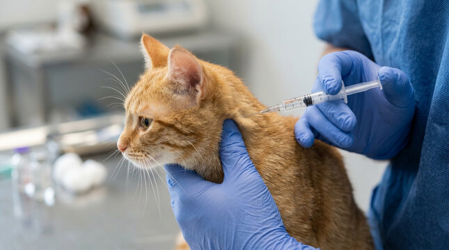 Close-up of a veterinarian in blue gloves giving a hypodermic injection with a syringe to a ginger cat in a clinic