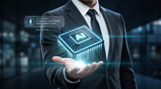 Businessman holding glowing AI chip hologram with voice command interface for natural language processing technology.
