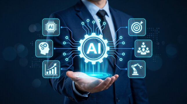 Businessman holding glowing artificial intelligence AI brain gear icon with futuristic circuit network and business automation technology concept.