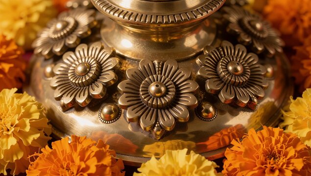 Extreme macro close up of intricate brass ceremonial decorations surrounded by vibrant marigold flowers for traditional festival celebration reflecting warm ambient light with fine