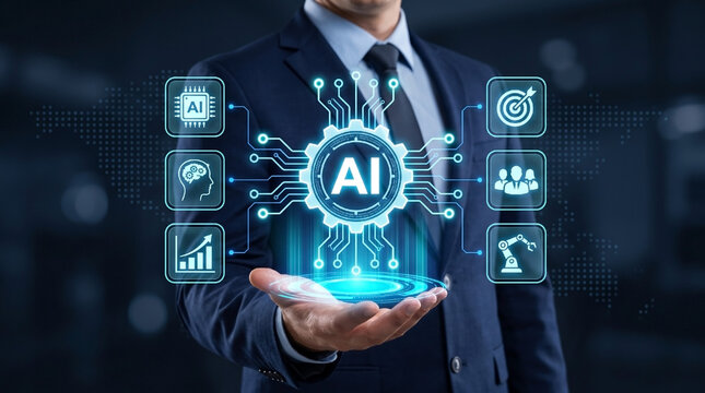 Businessman holding glowing artificial intelligence AI brain gear icon with futuristic circuit network and business automation technology concept.