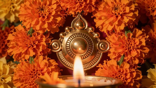 Extreme macro close up of intricate durga puja floral decoration with dense orange marigold petals surrounding a polished brass ornament and warm candlelight creating glowing highlights