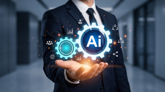 Businessman holding glowing artificial intelligence AI cogwheel hologram with automation and business optimization icons, process automation and smart technology concept.