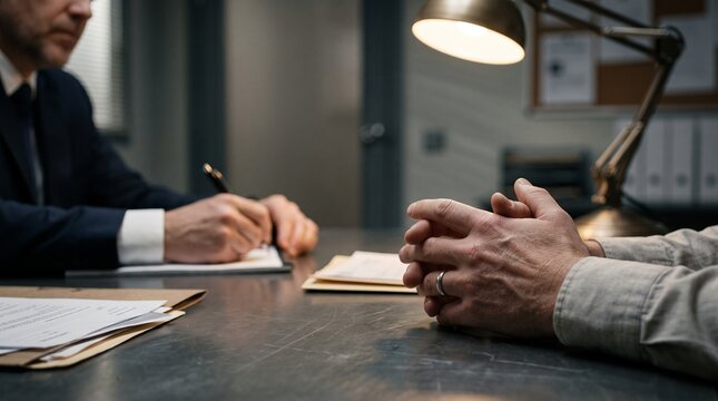 Police detective interviewing a suspect in a dark interrogation room at a desk.