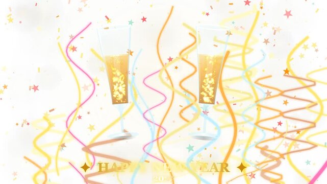 Luxury New Year celebration overlay: Festive Golden Champagne Glasses Clinking Animation with Seamless Loop, Happy New Year 2027 Promo.