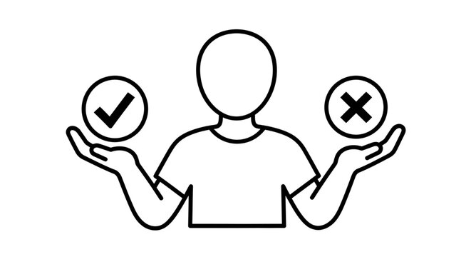 Minimalist illustration of a person weighing options with a checkmark and a cross above their hands.
