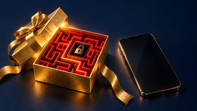 Golden Gift Box Revealing a Red Labyrinth with a Padlock next to a Smartphone Representing Digital Security Challenges and Hidden Traps