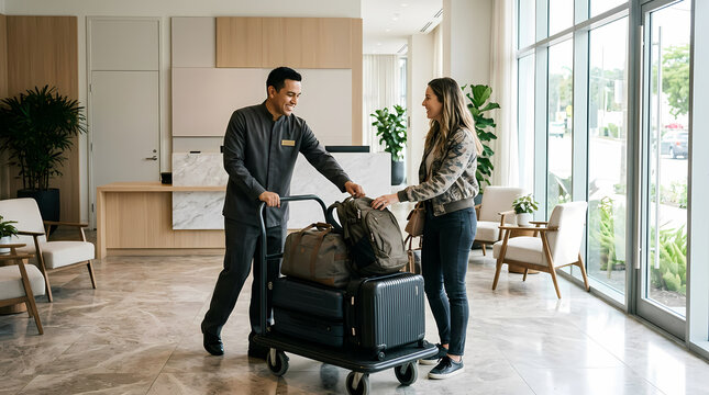 A helpful bellman wearing a uniform assists a female traveler with her heavy bags on a trolley inside the luxurious hotel lobby while she prepares to check into her room during a vacation trip