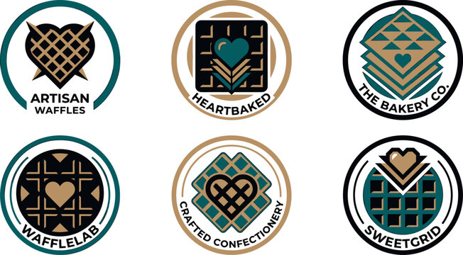Artisan waffle and bakery logo badges vector set featuring geometric heart shaped waffles confectionery stamps and circular labels