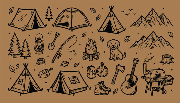 Hand drawn camping adventure icon collection . Tents, mountains, bonfire, guitar, puppy, compass, boots, lantern, axe .