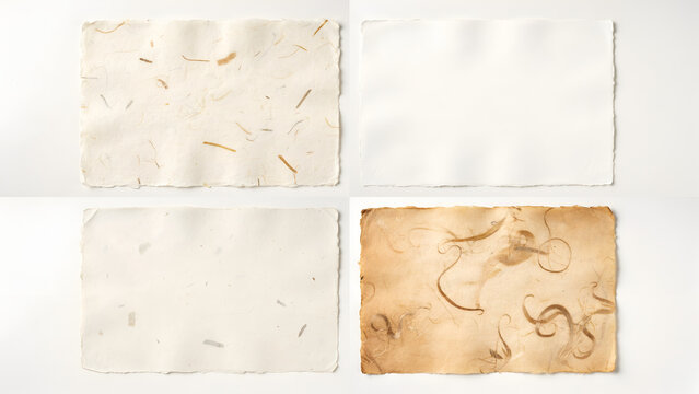 Set of four different textures of handmade paper with deckled edges isolated on white background