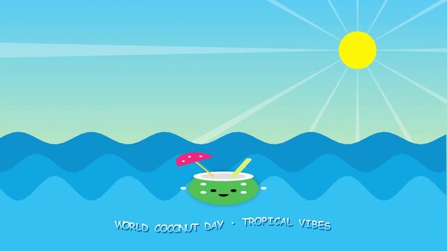 Coconut Drink Illustration Floating in Wavy Blue Ocean Water