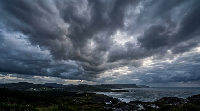 Stormy clouds over coastal landscape and ocean