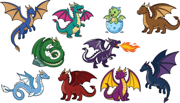 Colorful cartoon dragon collection . flying creatures, hatching baby, breathing fire, curling on rock, mythical beast variety