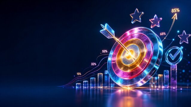 Translucent glass target with glowing bullseye arrow center hit plus clean readable ROI percentage indicators