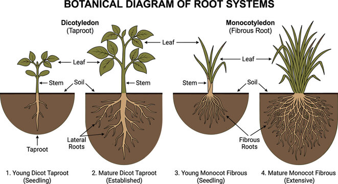 Botanical diagram of root systems vector vector layout explaining monocotyledon fibrous root and dicotyledon taproot structures for biology education infographics