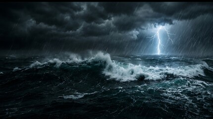 Obraz premium Stormy sea with lightning and crashing waves