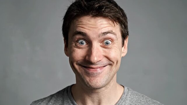 Man performing various facial expressions in a grid sequence