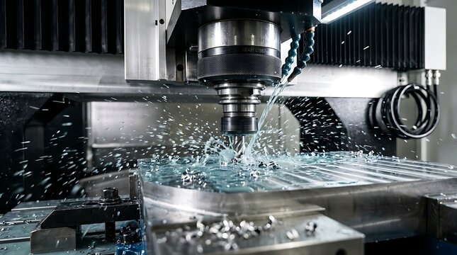 CNC machine milling metal part with coolant splash