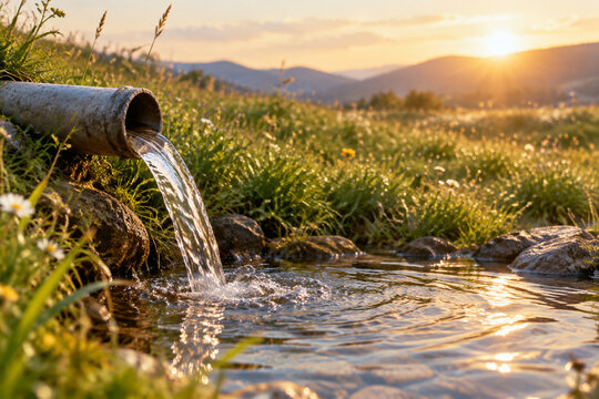 Clear water flowing from a pipe into a reflective pool in a grassy meadow.