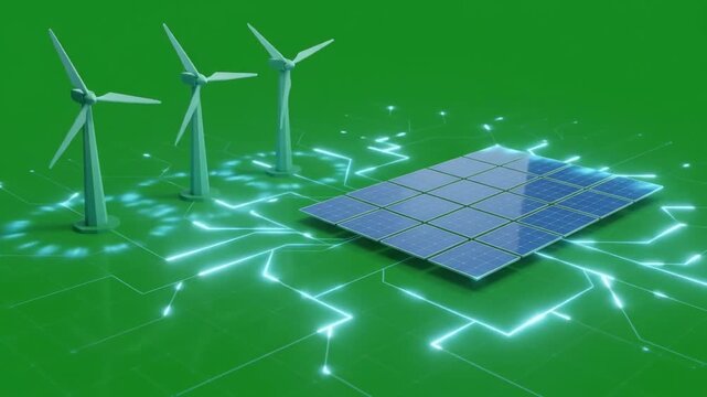 Wind Turbines and Solar Panels Generating Renewable Energy in a Green Screen Environment