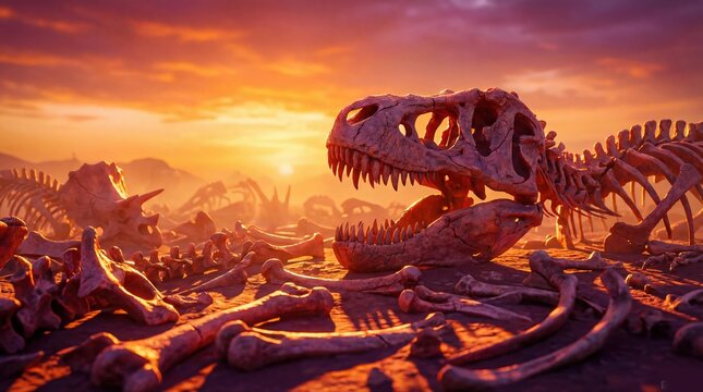 Dinosaur Skeleton and Fossils in Prehistoric Landscape at Sunset