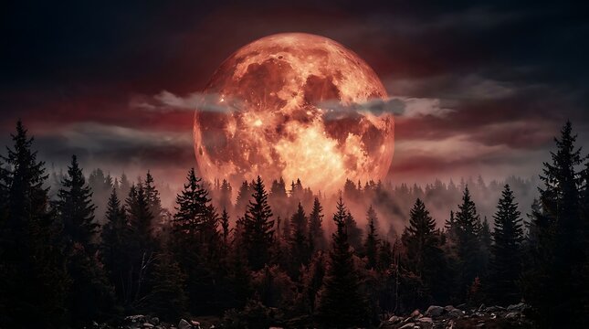Large red moon over foggy pine forest