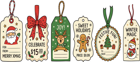 Christmas gift tags vector collection featuring retro hand drawn holiday labels with santa snowman reindeer gingerbread man and greetings © MDNUR