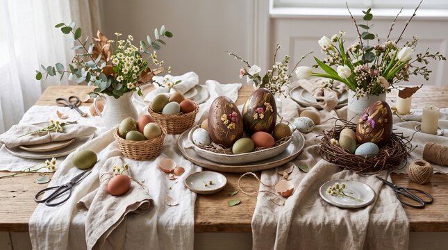 Elegant Easter table setting with chocolate eggs and spring flowers