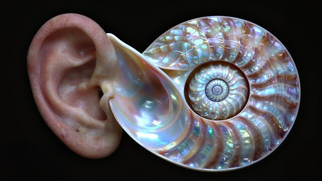 Human ear beside iridescent nautilus shell, showcasing nature's spiral symmetry.