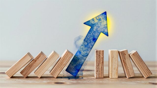 Dominoes topple, arrow risessymbolizing unstoppable growth and positive momentum.