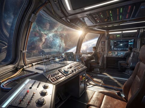 Futuristic Spaceship Cockpit with Astronauts and View of Deep Space Nebula