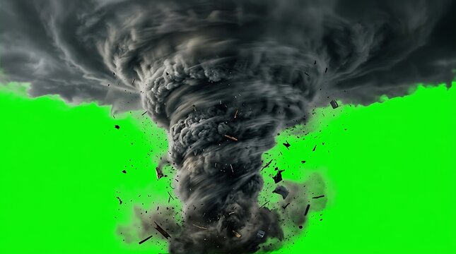 Tornado with swirling debris on green background