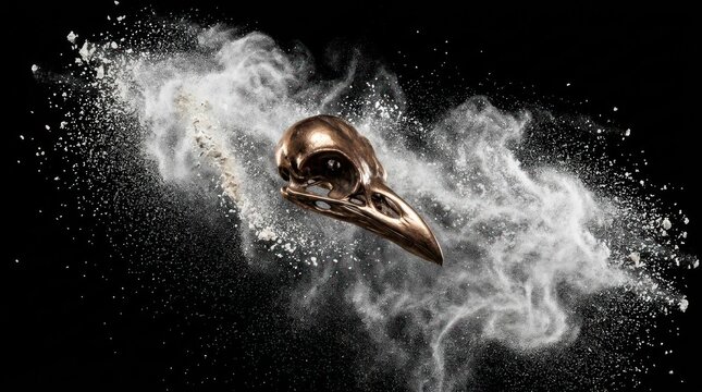 Bird skull exploding in white dust cloud