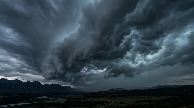 Dark storm clouds over mountain valley